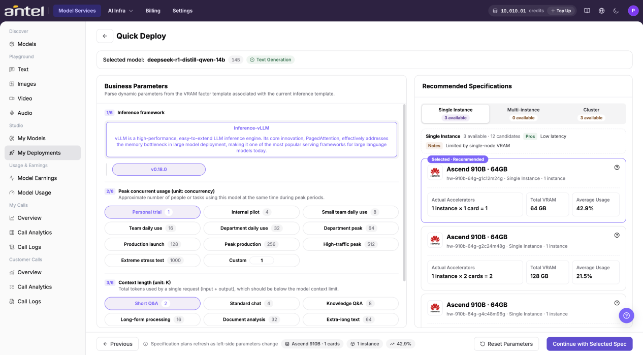 Configure concurrency, context length, and select recommended flavor