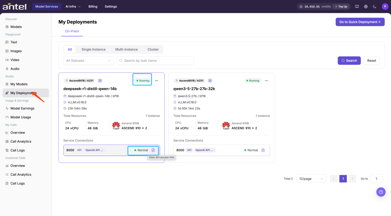 Model instance running with service port available
