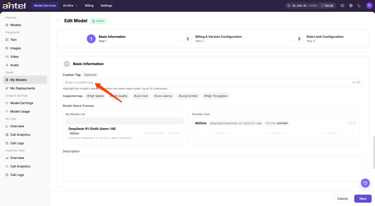 Configure model Custom Tag