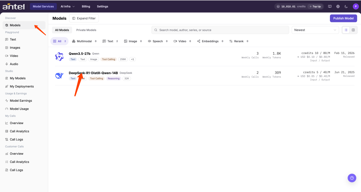 Search published model in Models market