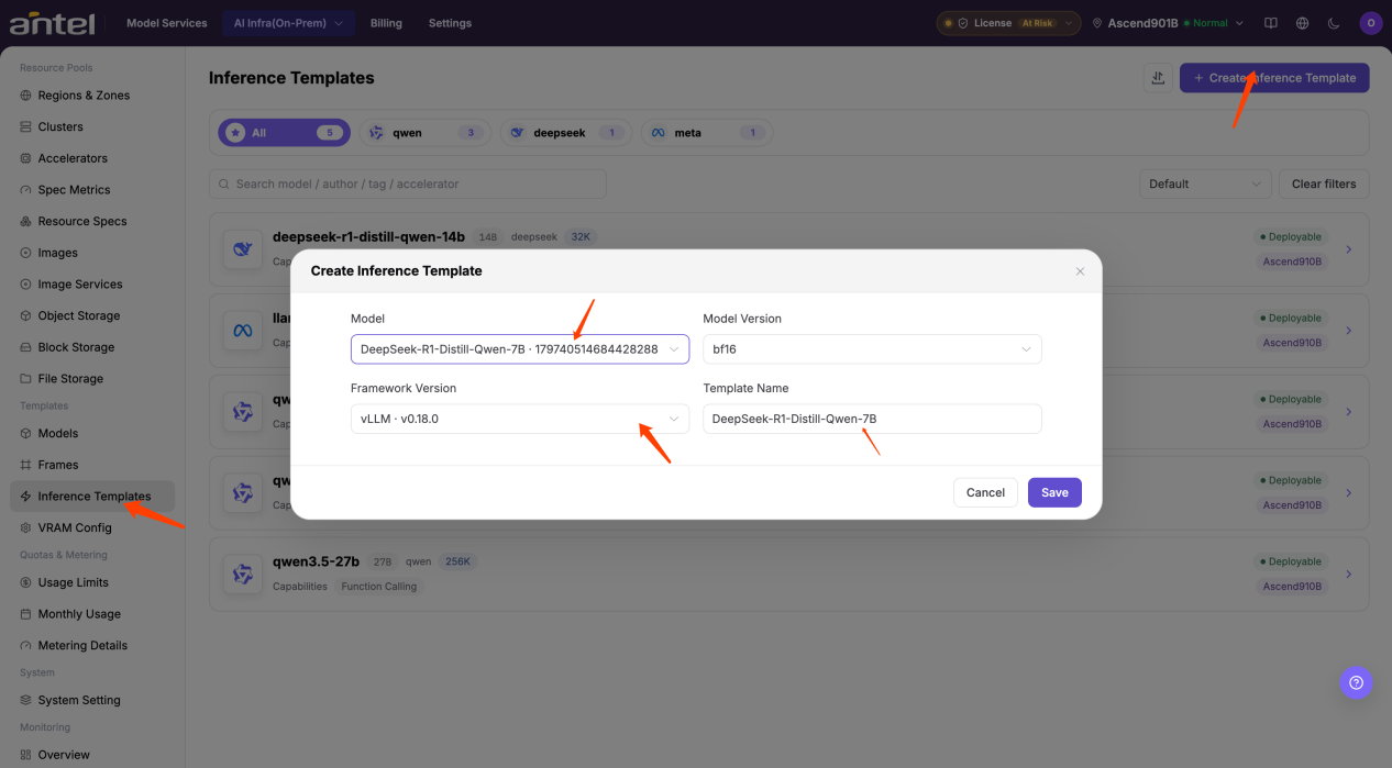 Create new inference template and bind model version and framework