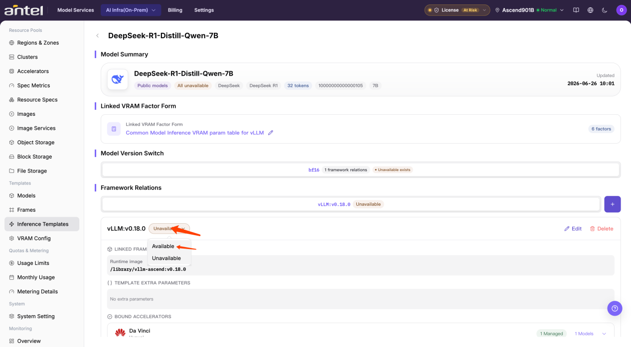 Set inference template status to Available