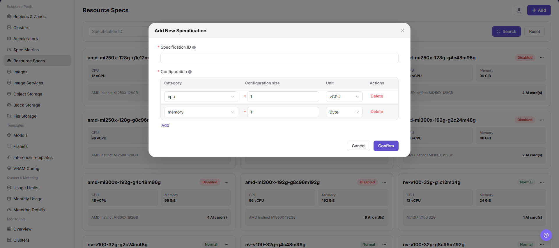 Add Resource Specification