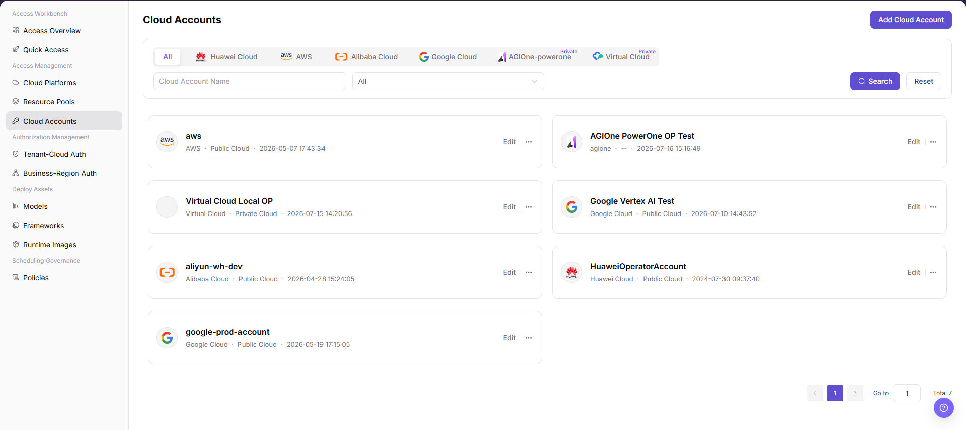 Cloud Accounts page