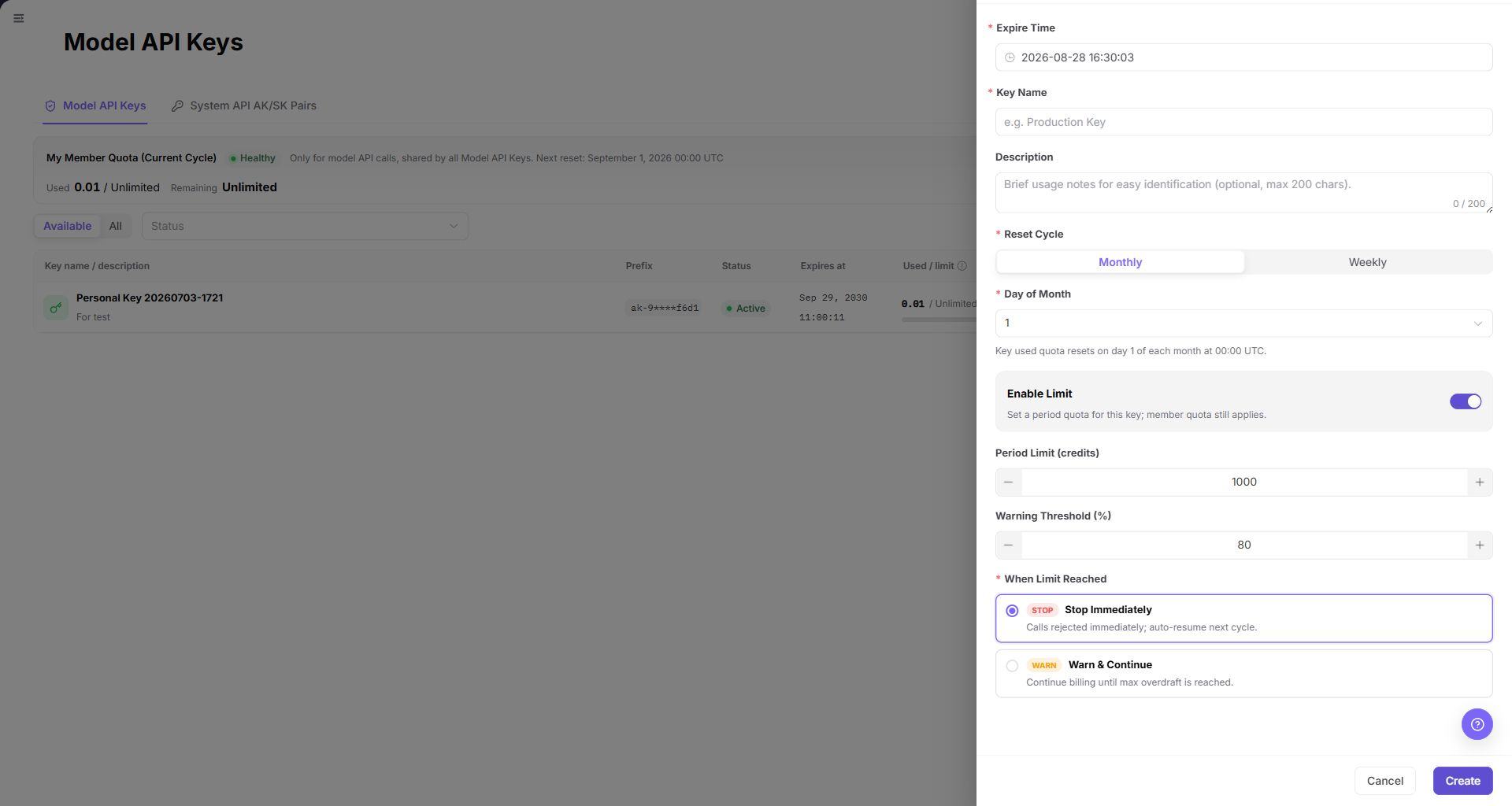 Create Model API Key