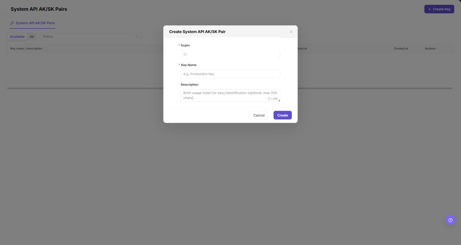 Create System API AK/SK Pair