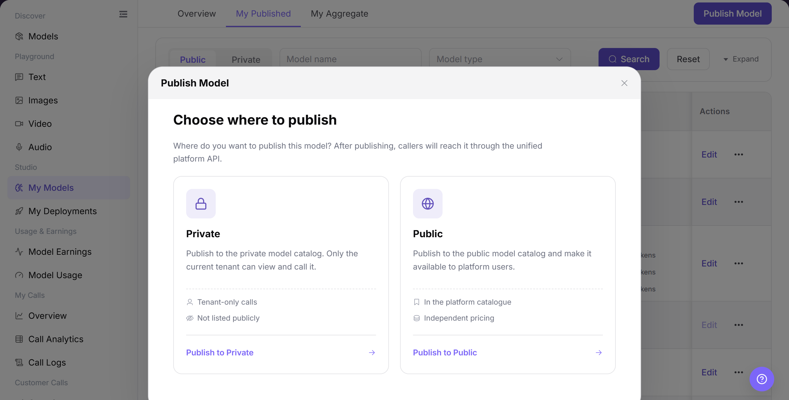 Open the model publishing entry