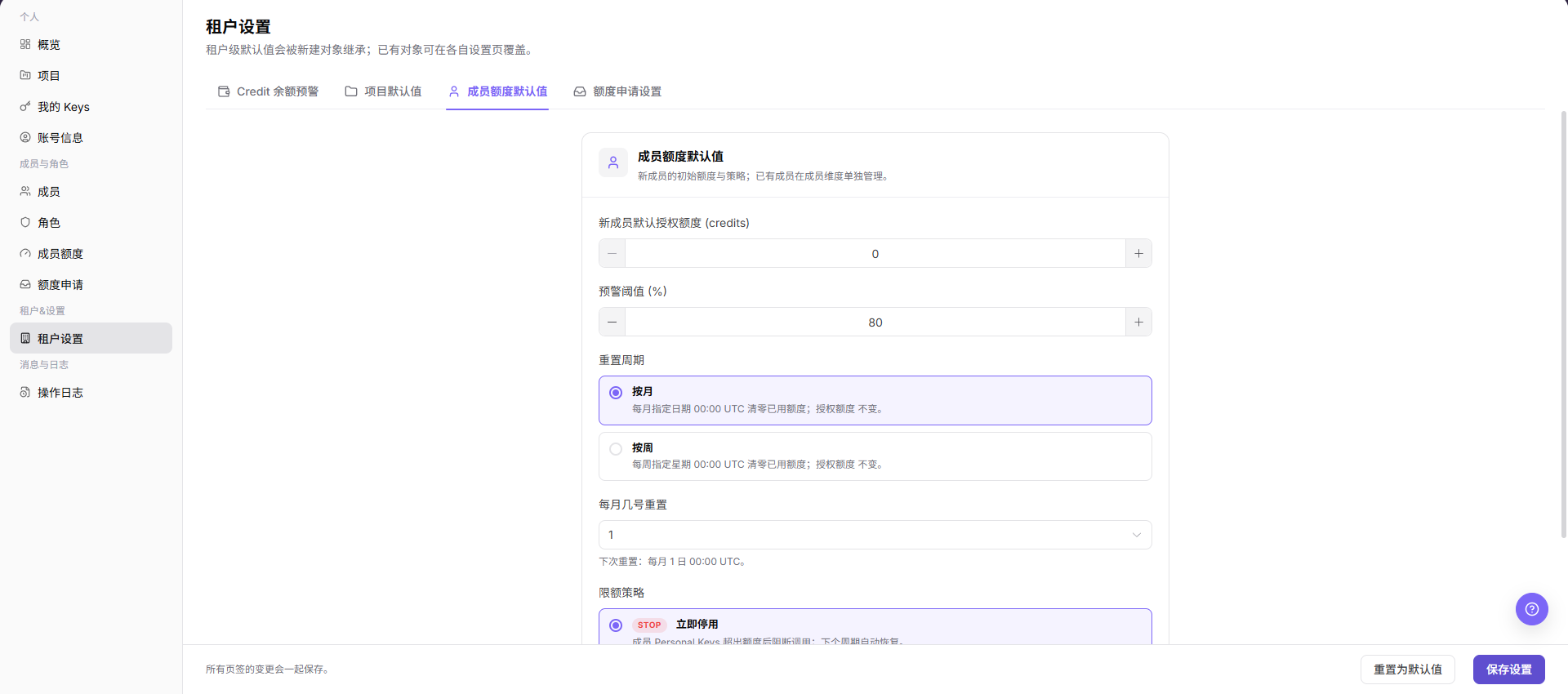 成员额度默认值