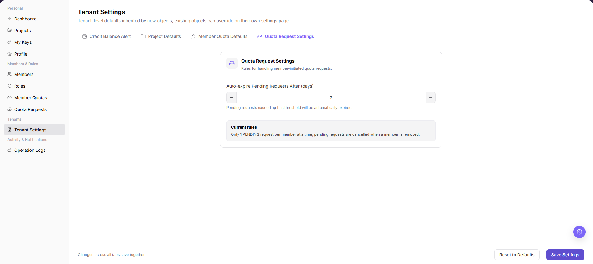 Quota Request Settings