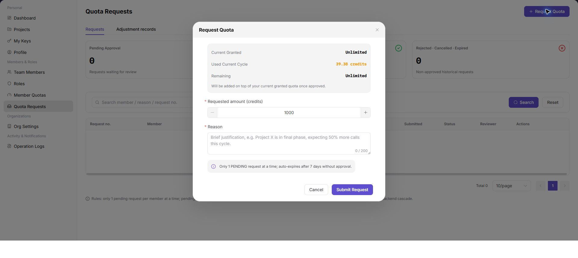 Enter the requested quota and reason
