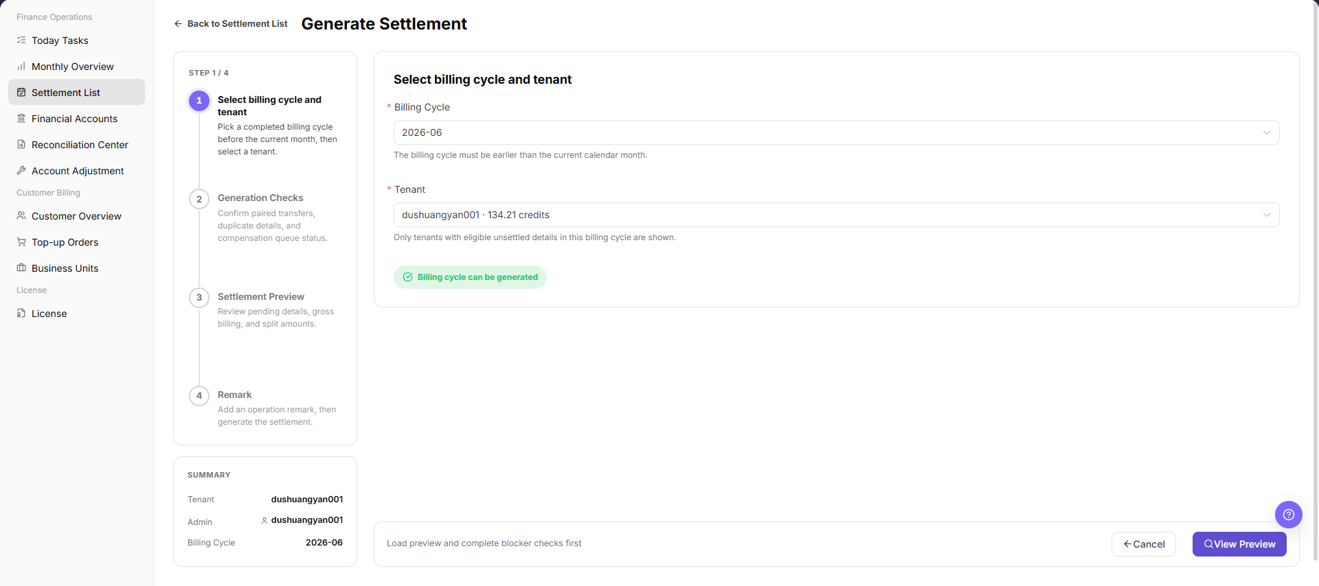 Select billing cycle and tenant