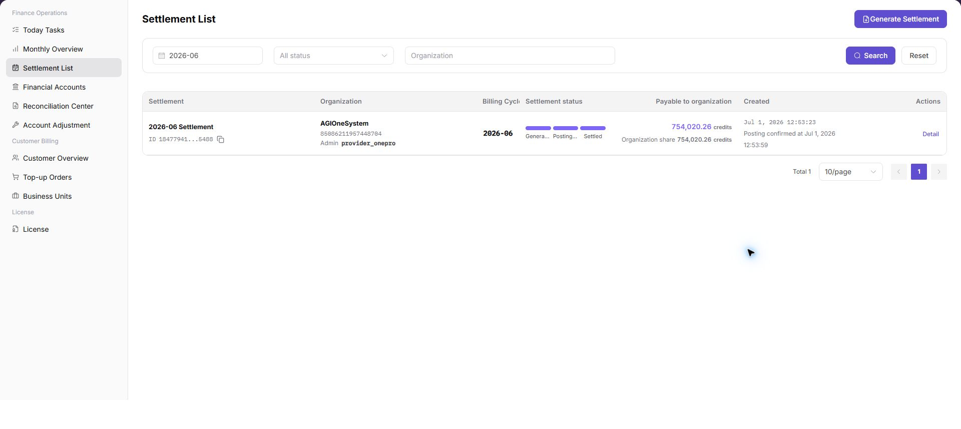 Review settlement statements by billing cycle and tenant