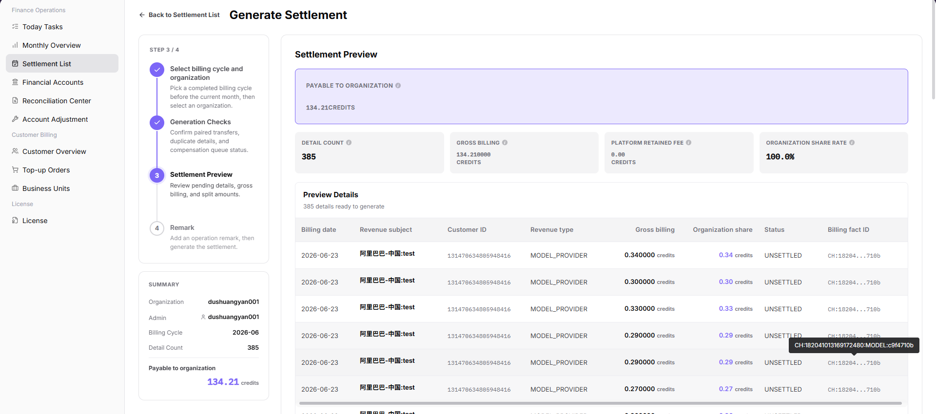 Settlement preview