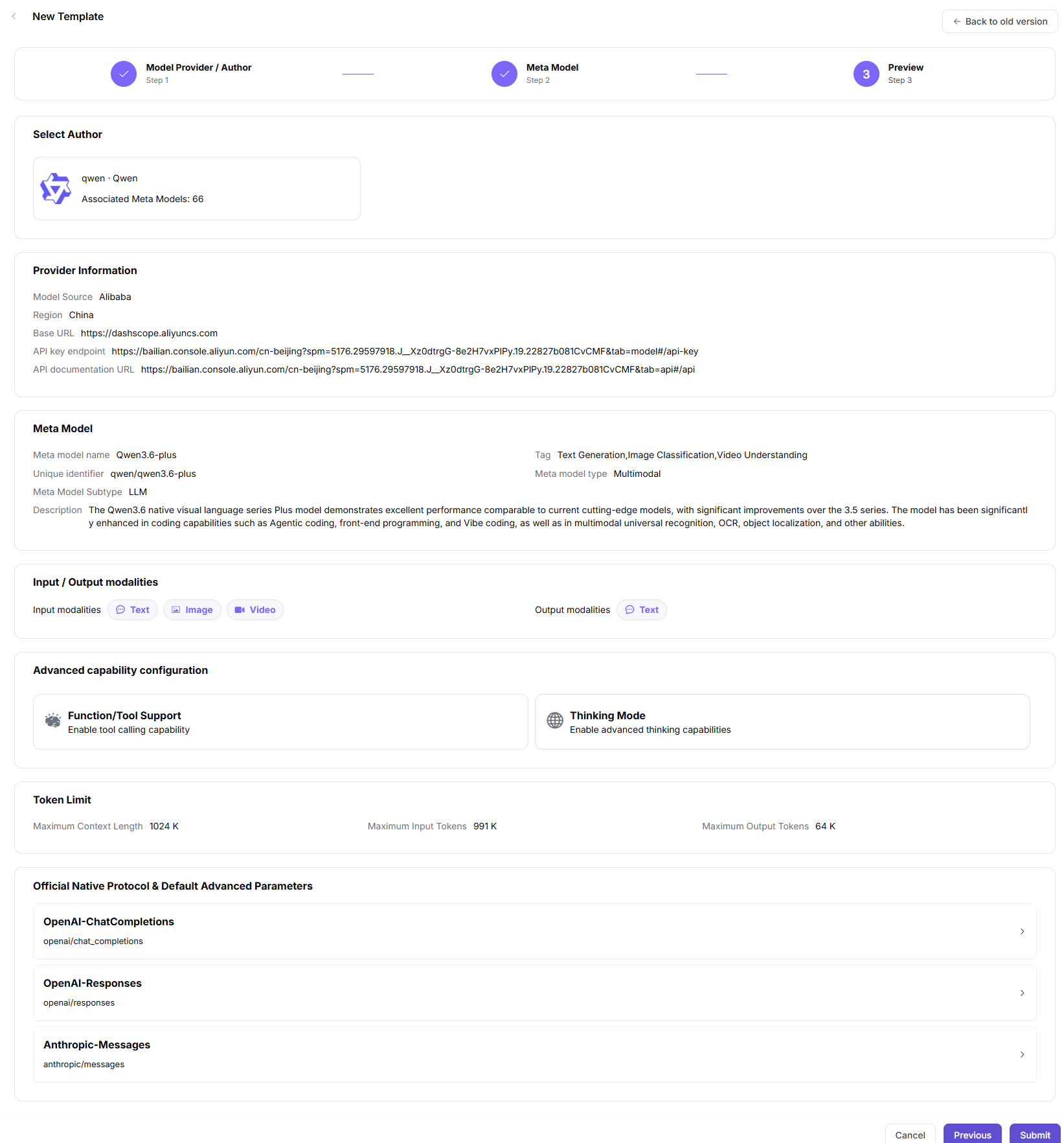 Preview the model template