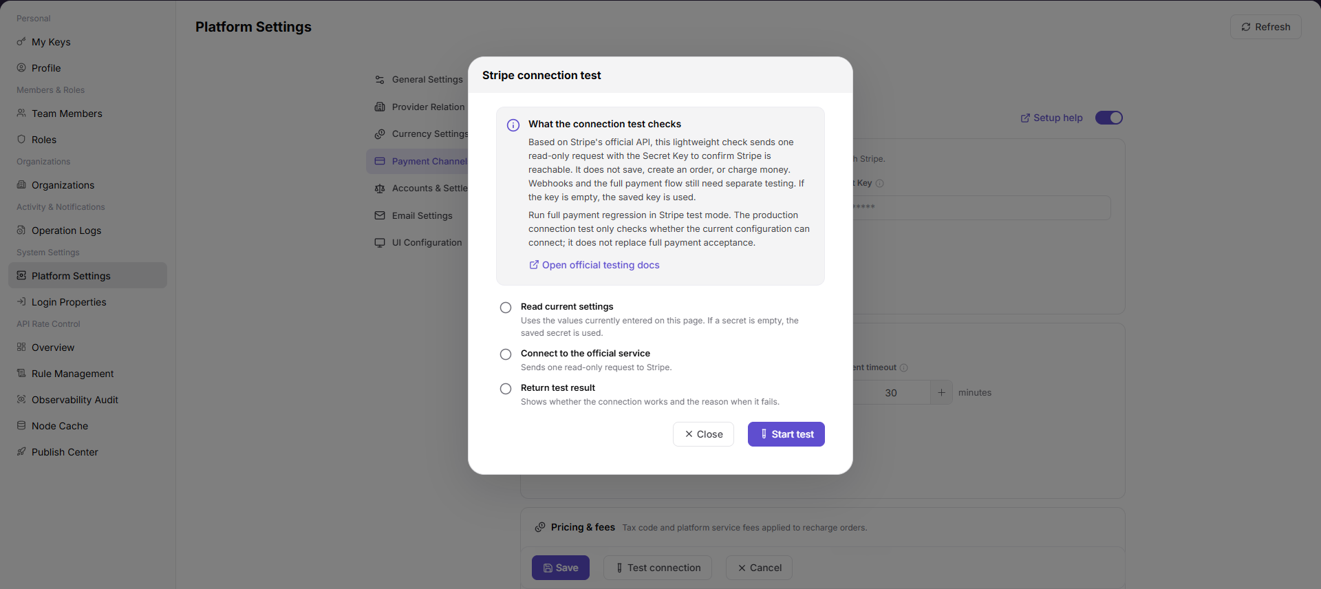 Stripe Test Connection