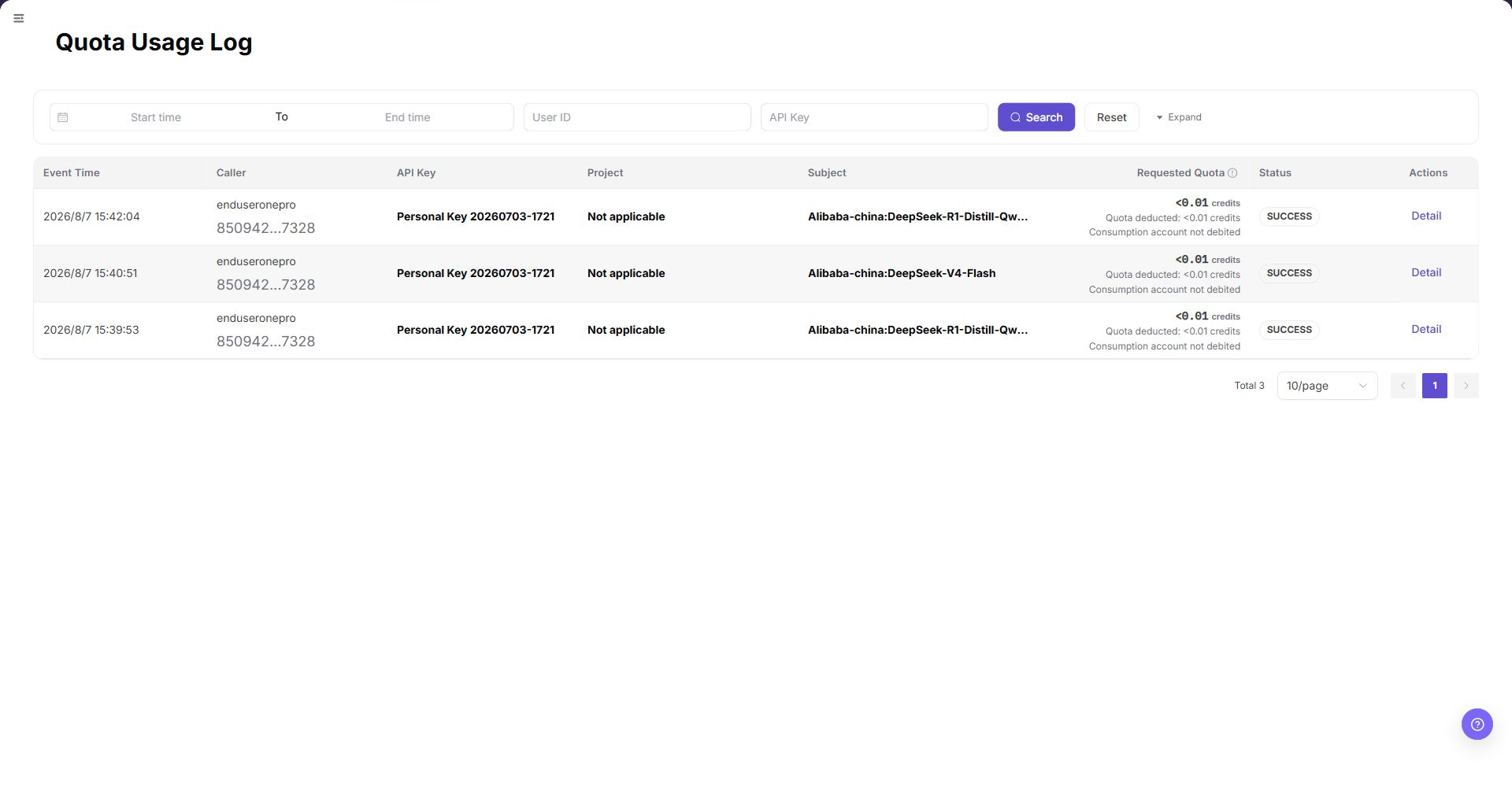 Usage Log list